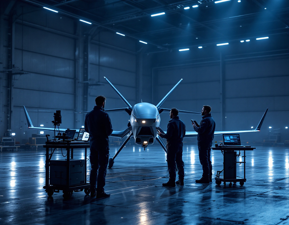 Test pilot and flight engineer reviewing data beside a VTOL drone in a flight test hangar